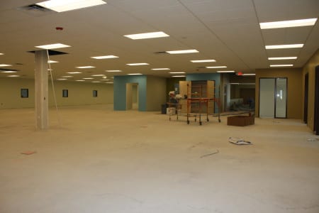 Finished walls and lighted office spaces in April 2014.