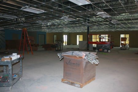 Exposed ceiling framing in March 2014.