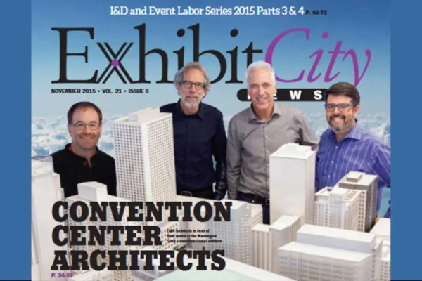 ECN November 2015 cover featuring Brian Tennyson, Mark Reddington, George Shaw, and Rafael Viñoly-Menendez from the Convention Center Architects issue.