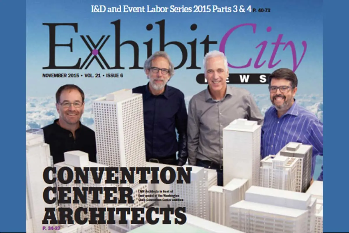 ECN November 2015 cover featuring Brian Tennyson, Mark Reddington, George Shaw, and Rafael Viñoly-Menendez from the Convention Center Architects issue.