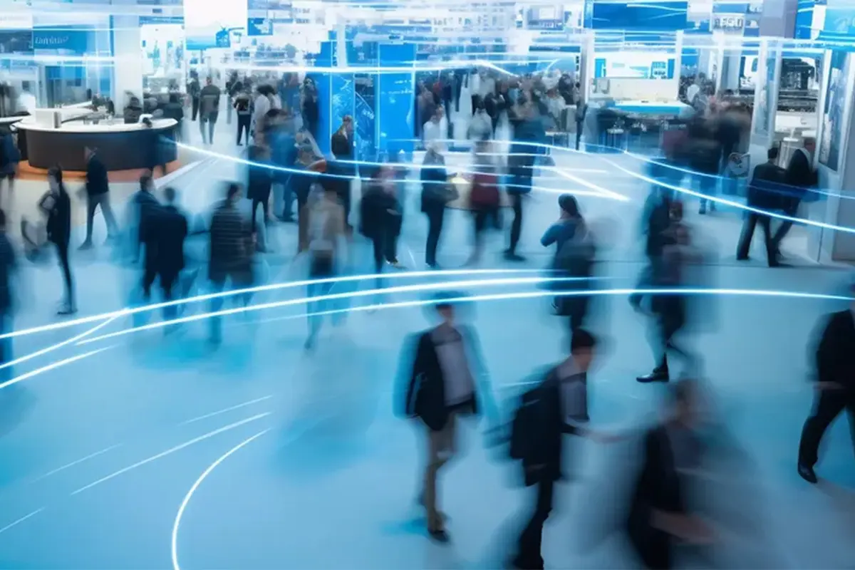 Business event attendees walk across a digital tradeshow floor
