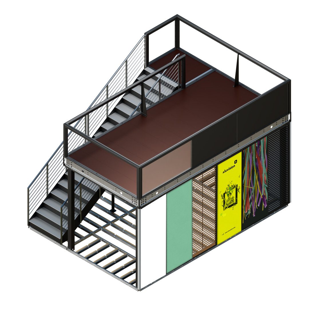 Rendering of Aluvision’s Flexdeck double-deck exhibit system.