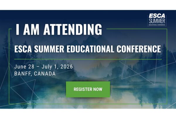 ESCA Summer Educational Conference graphic with Banff, Canada dates and registration text.