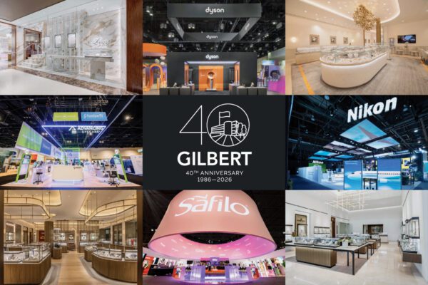Gilbert 40th anniversary collage featuring tradeshow exhibits, luxury retail environments and branded spaces for clients including Dyson, Nikon and Safilo