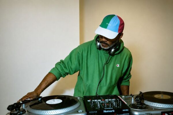 DJ Large Professor plays vinyl records with headphones around his neck.