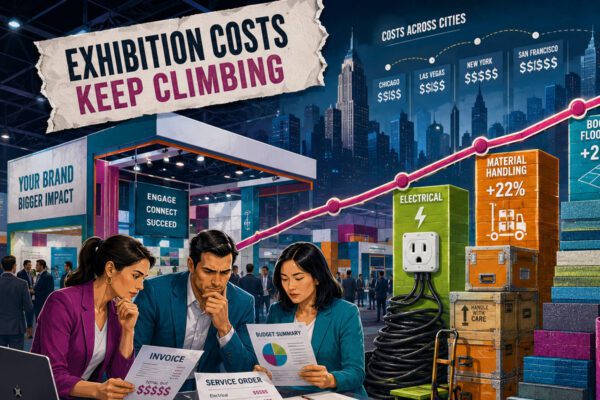 Illustration of exhibitors reviewing invoices as exhibition costs rise across cities.