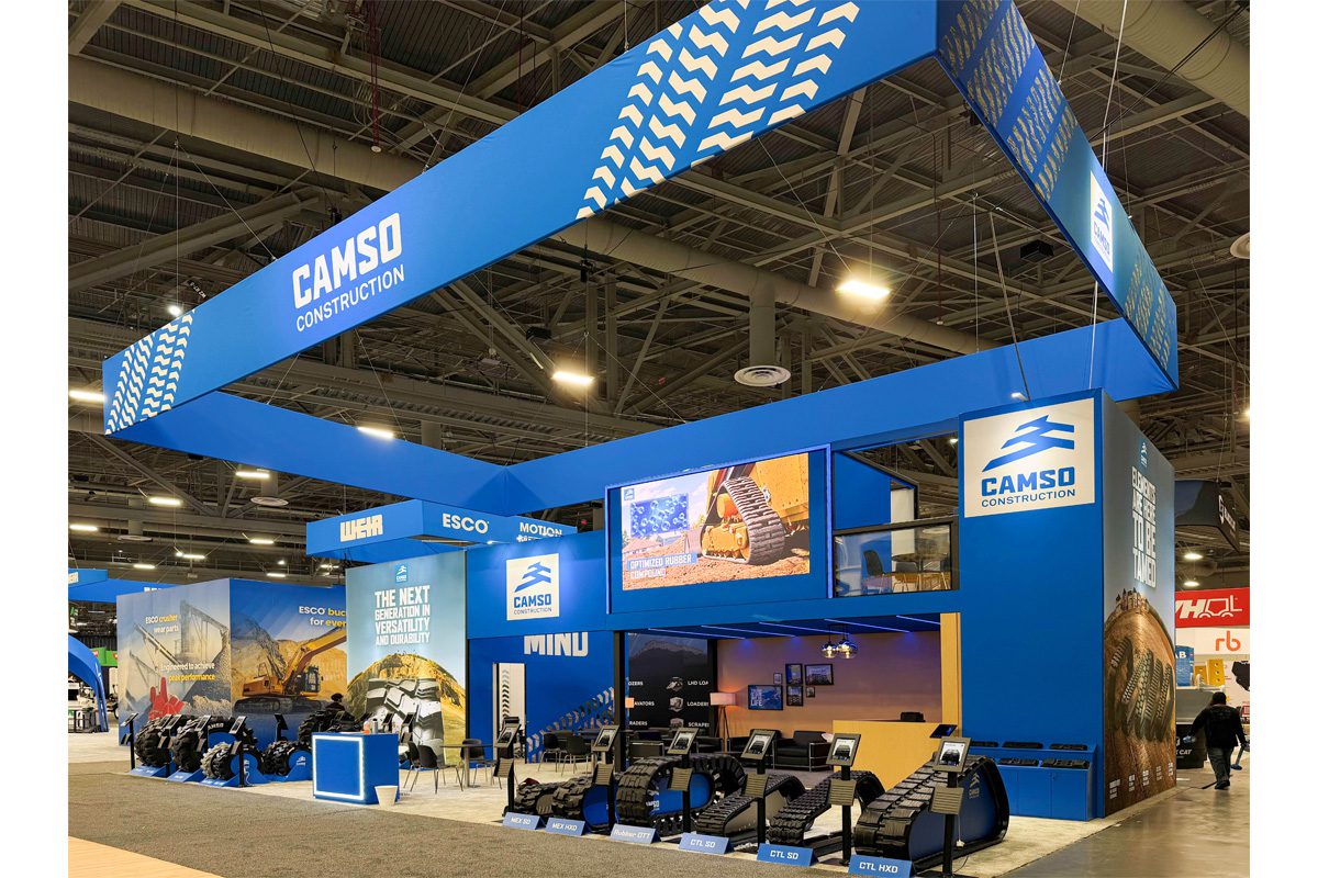 Camso double-deck exhibit with product displays and overhead signage at CONEXPO-CON/AGG.