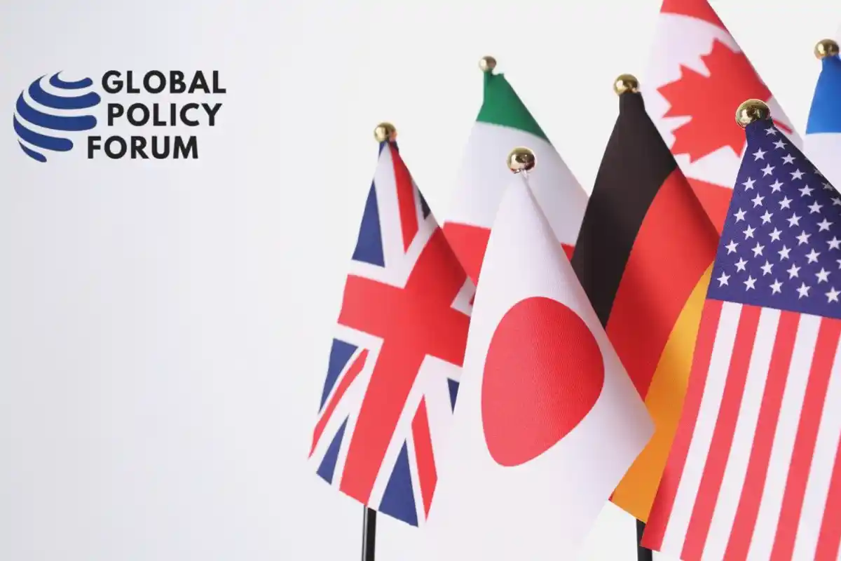 Global Policy Forum logo beside a row of international flags.