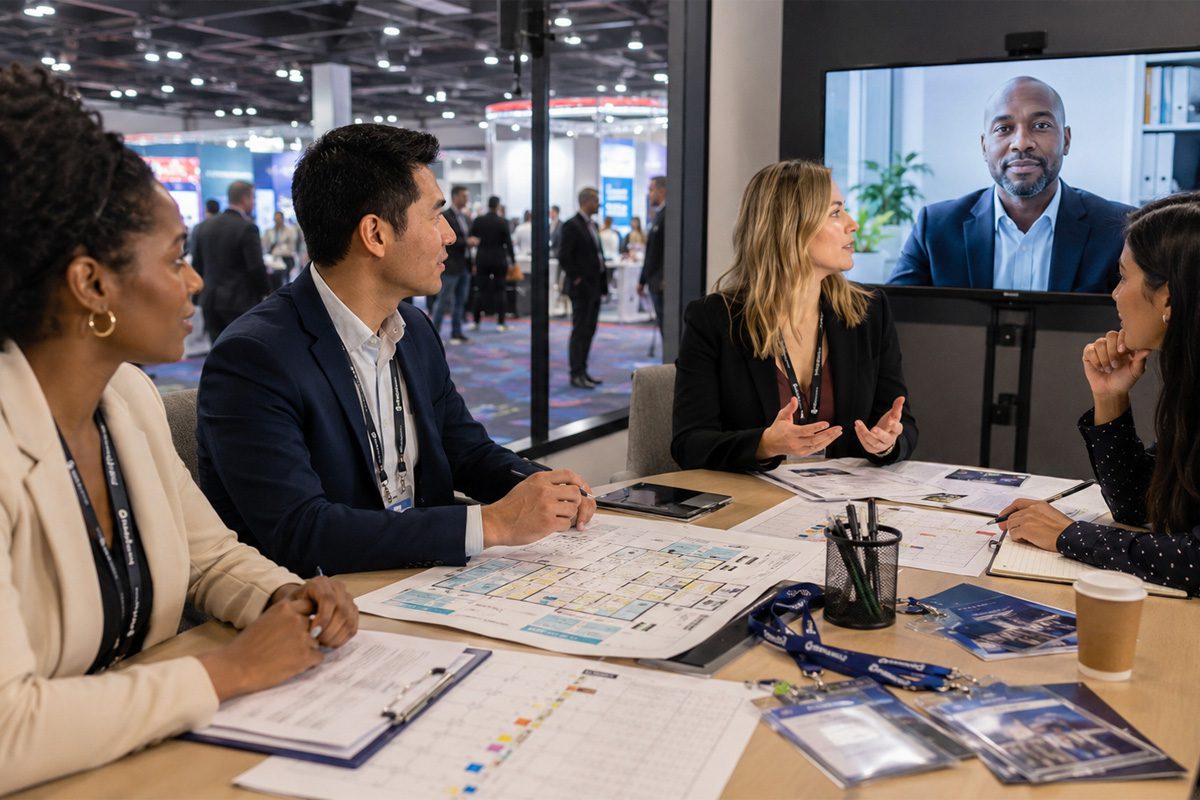 Event professionals review floor plans during a hybrid meeting with a remote participant.