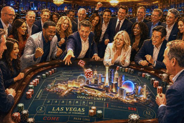 Illustration of business leaders gathered around a Las Vegas-themed gaming table.