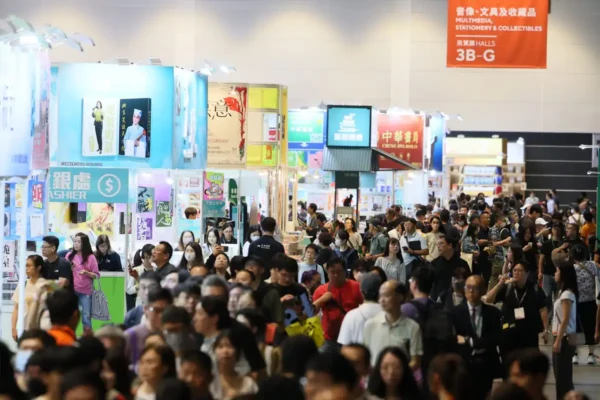 Crowds visit exhibitor booths at the Hong Kong Book Fair
