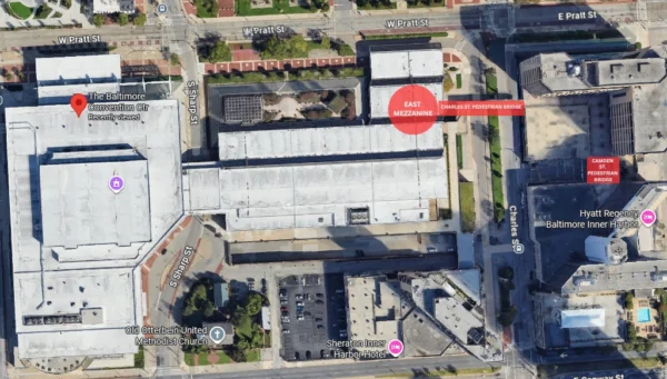Map of Baltimore Convention Center pedestrian bridge upgrade areas.