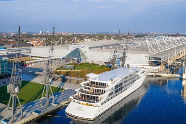 Aerial view of Excel London and the Royal Victoria Dock.