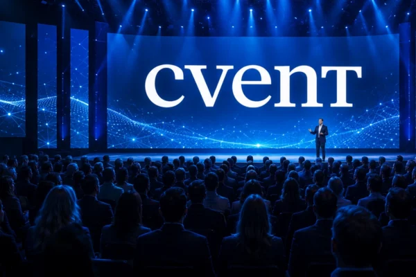 Cvent event technology presentation with audience and digital stage screens