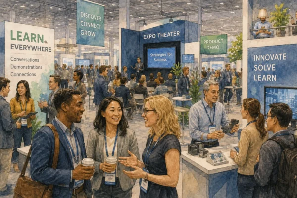 Illustration of attendees learning through conversations, product demonstrations, and expo theater sessions on a tradeshow floor