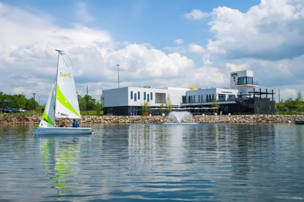 Sailboat passes the Patrick S. Parker Community Sailing Center in Cleveland