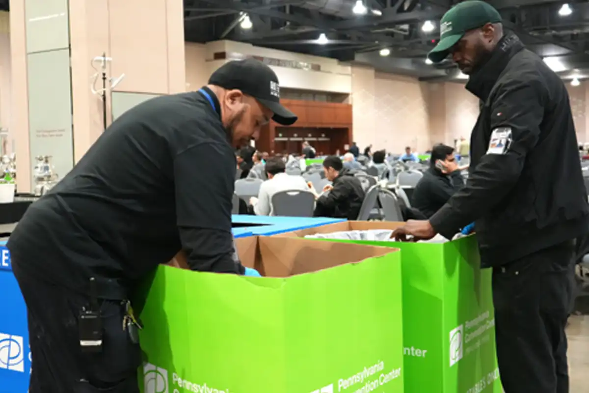 Pennsylvania Convention Center staff sort waste during a sustainable event