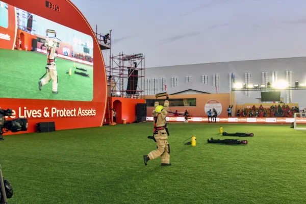 Firefighter competes during the World Firefighters Games in Saudi Arabia