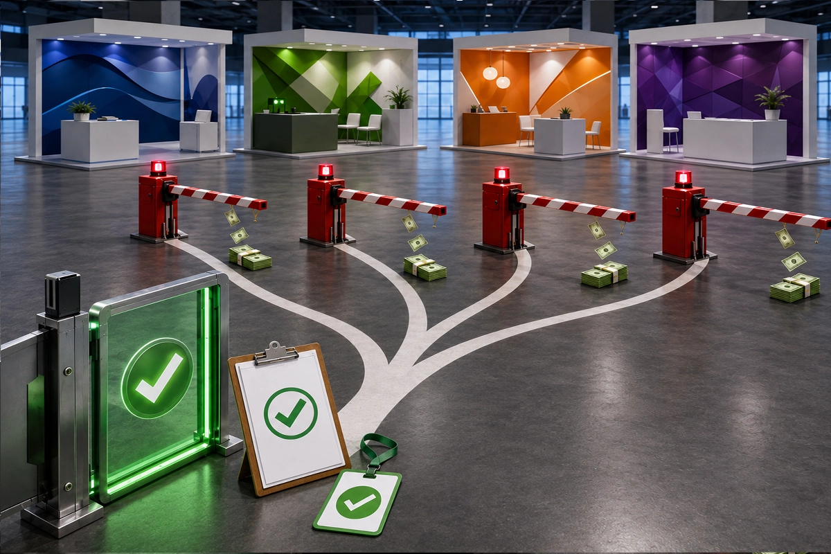 Illustration of one approved exhibitor-appointed contractor facing repeated administrative fee barriers for multiple booths