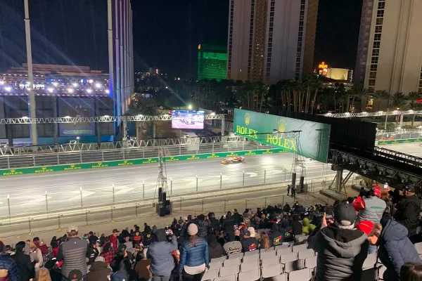 Spectators watch Formula 1 drivers during the first night of practice at the 2024 Las Vegas Grand Prix.