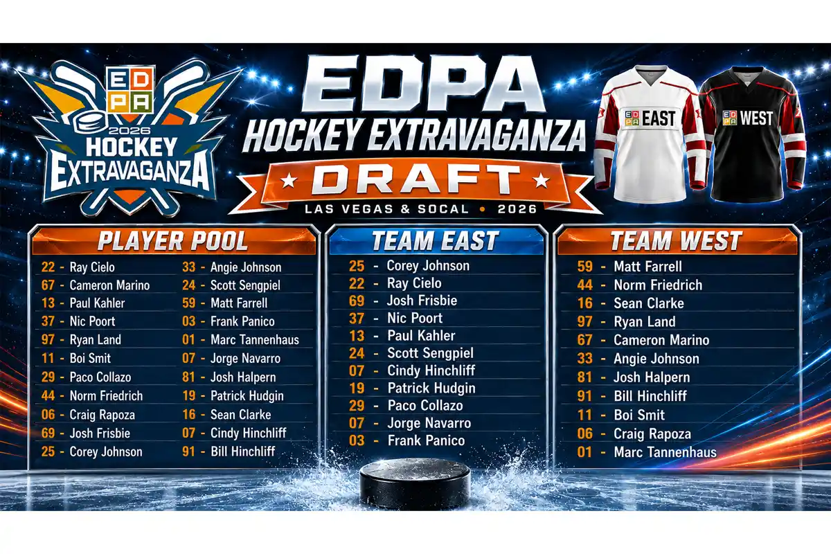 EDPA Hockey Extravaganza Draft graphic showing the Player Pool plus Team East and Team West rosters, with EDPA 2026 Hockey Extravaganza logo and East and West jerseys.