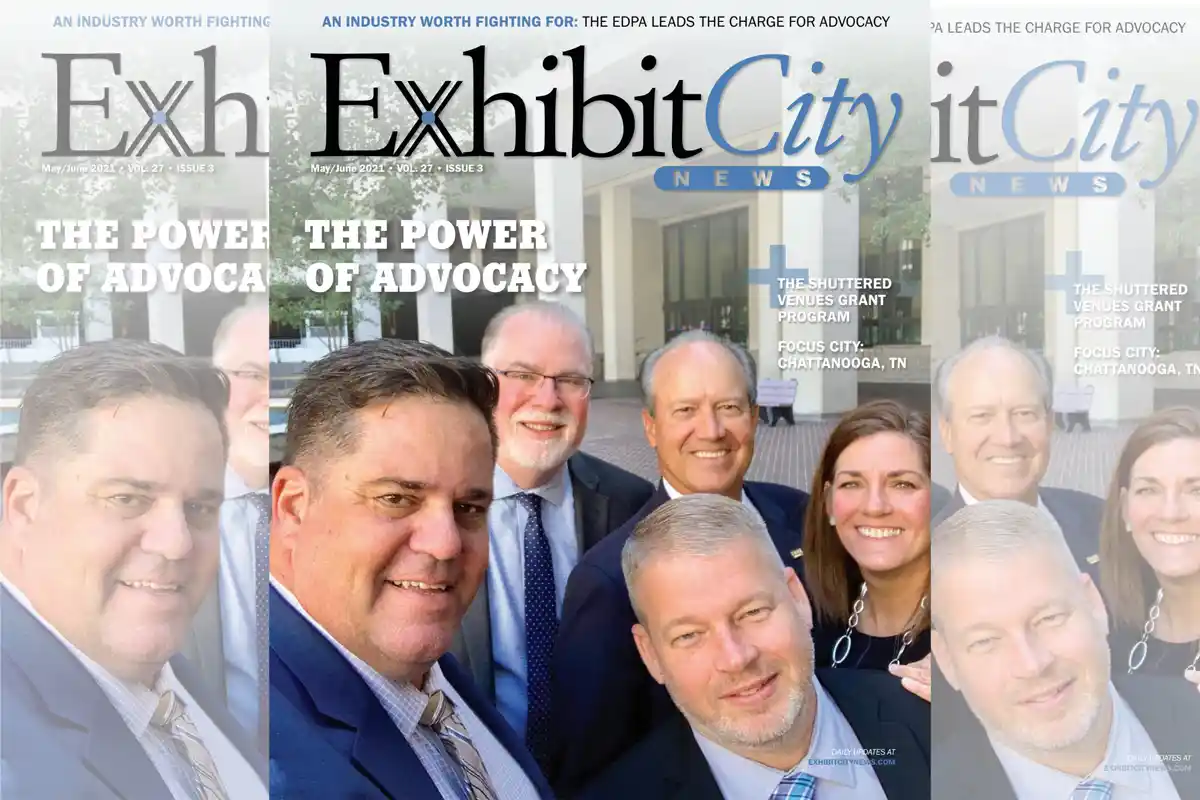 Cover of Exhibit City News May/June 2021 issue titled “The Power of Advocacy,” featuring Exhibition and Event Professionals Association (EDPA) leaders during industry advocacy efforts as tradeshows prepared to reopen after the COVID-19 shutdowns.