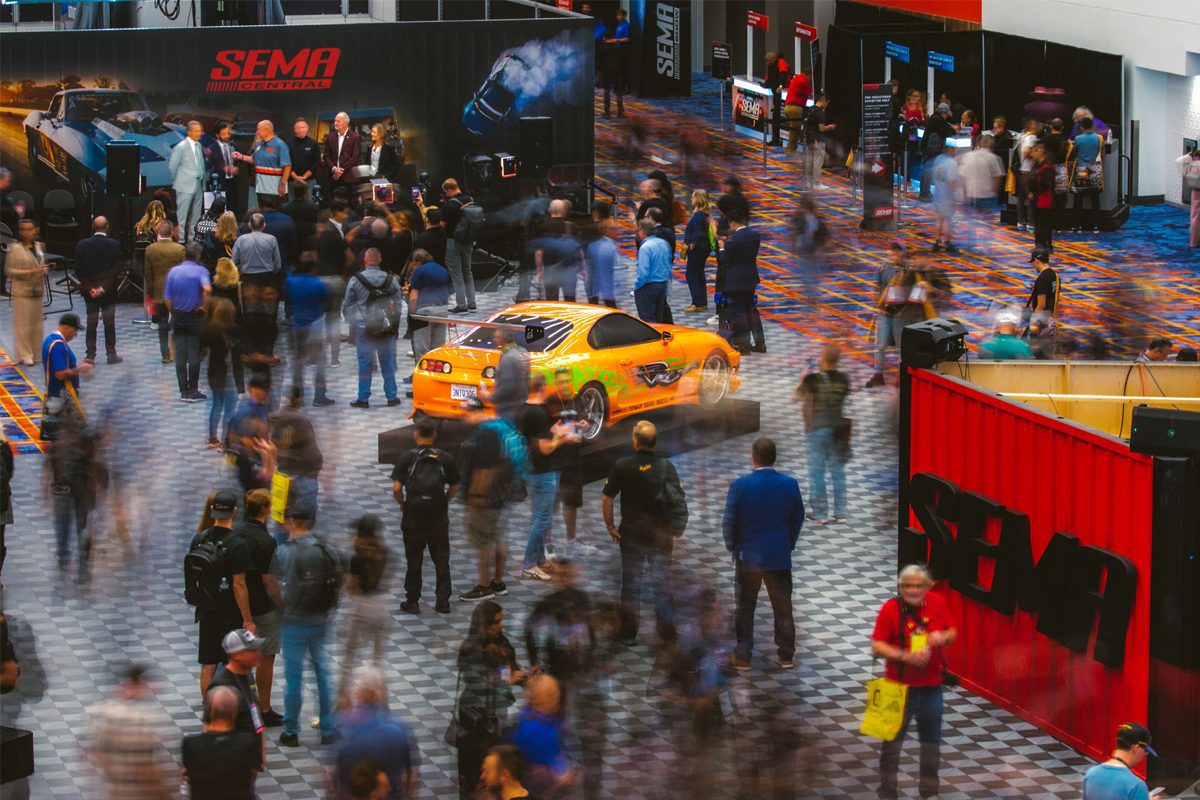 Attendees walk through the SEMA Show floor at the Las Vegas Convention Center.