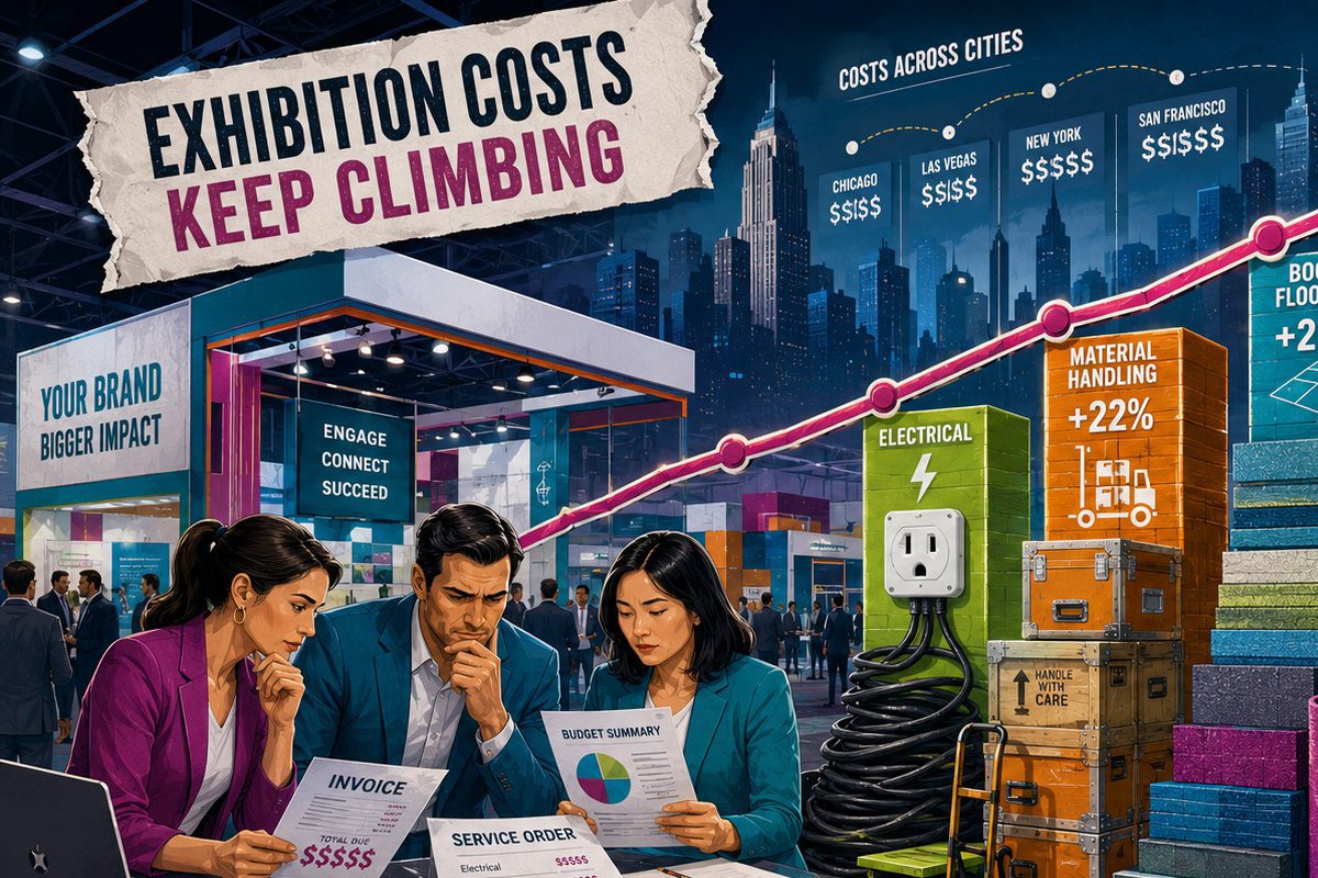 Illustration of exhibitors reviewing invoices as exhibition costs rise across cities.