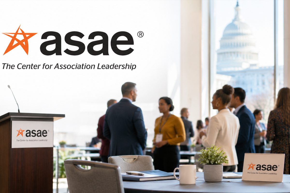 ASAE logo displayed in a conference room with association professionals networking.