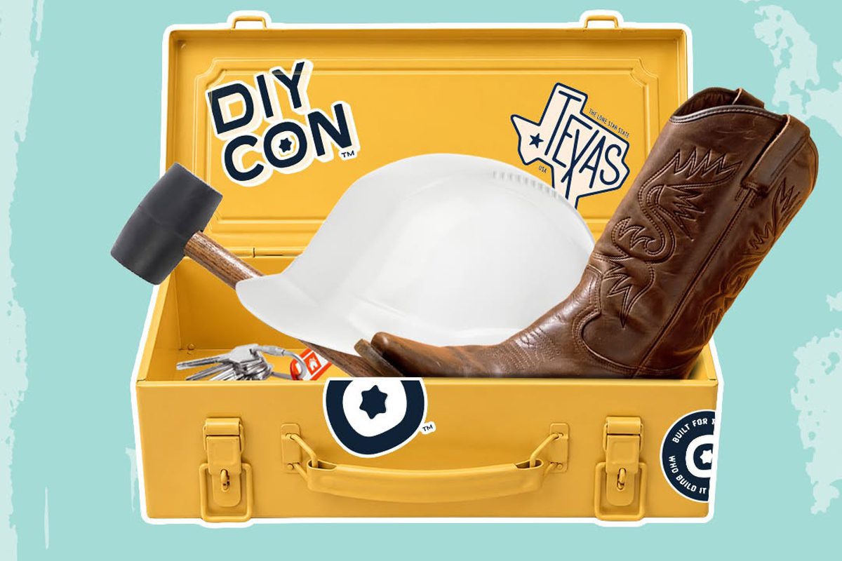 DIY CON graphic with a toolbox, hard hat, boot, mallet, and Texas sticker.