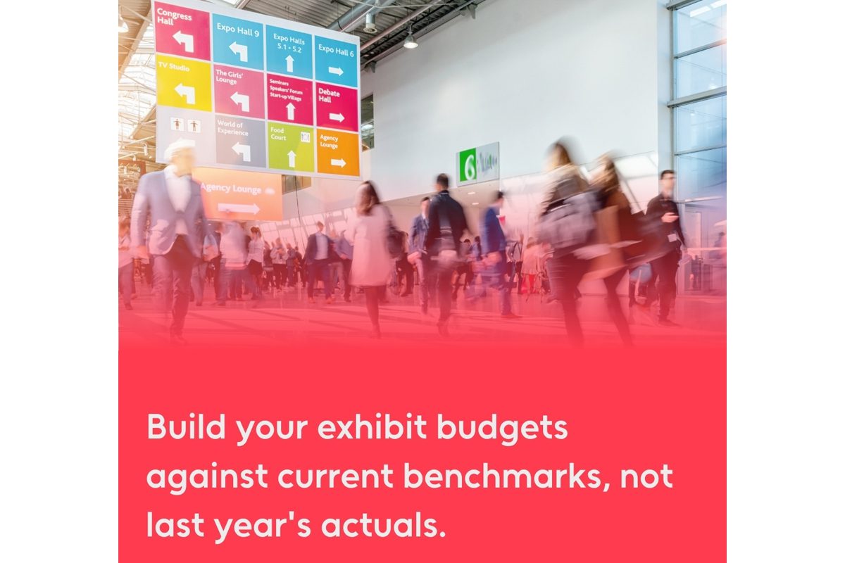 Crowd walking through an event venue with text about building exhibit budgets against current benchmarks.