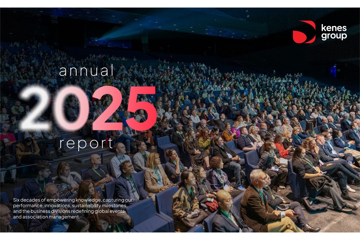 Kenes Group 2025 annual report cover with a large conference audience.