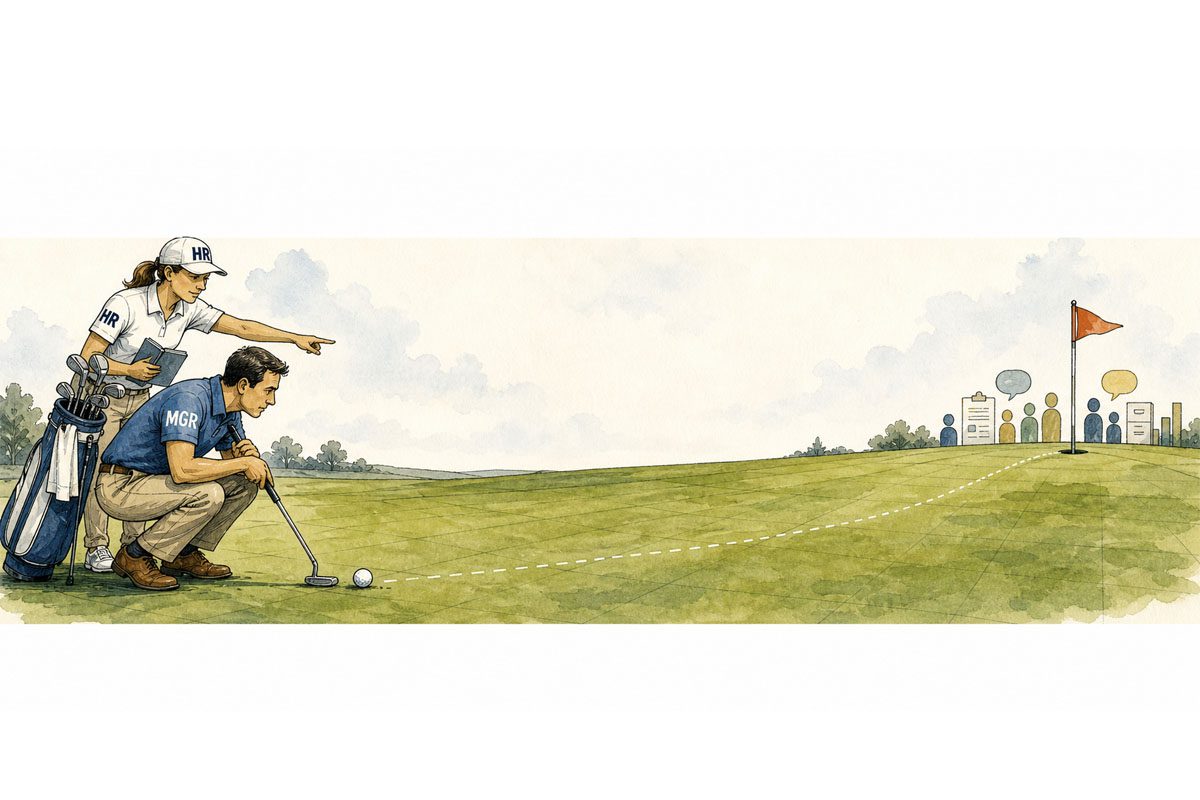 Illustration of an HR guide helping a manager line up a golf shot toward a workplace goal.