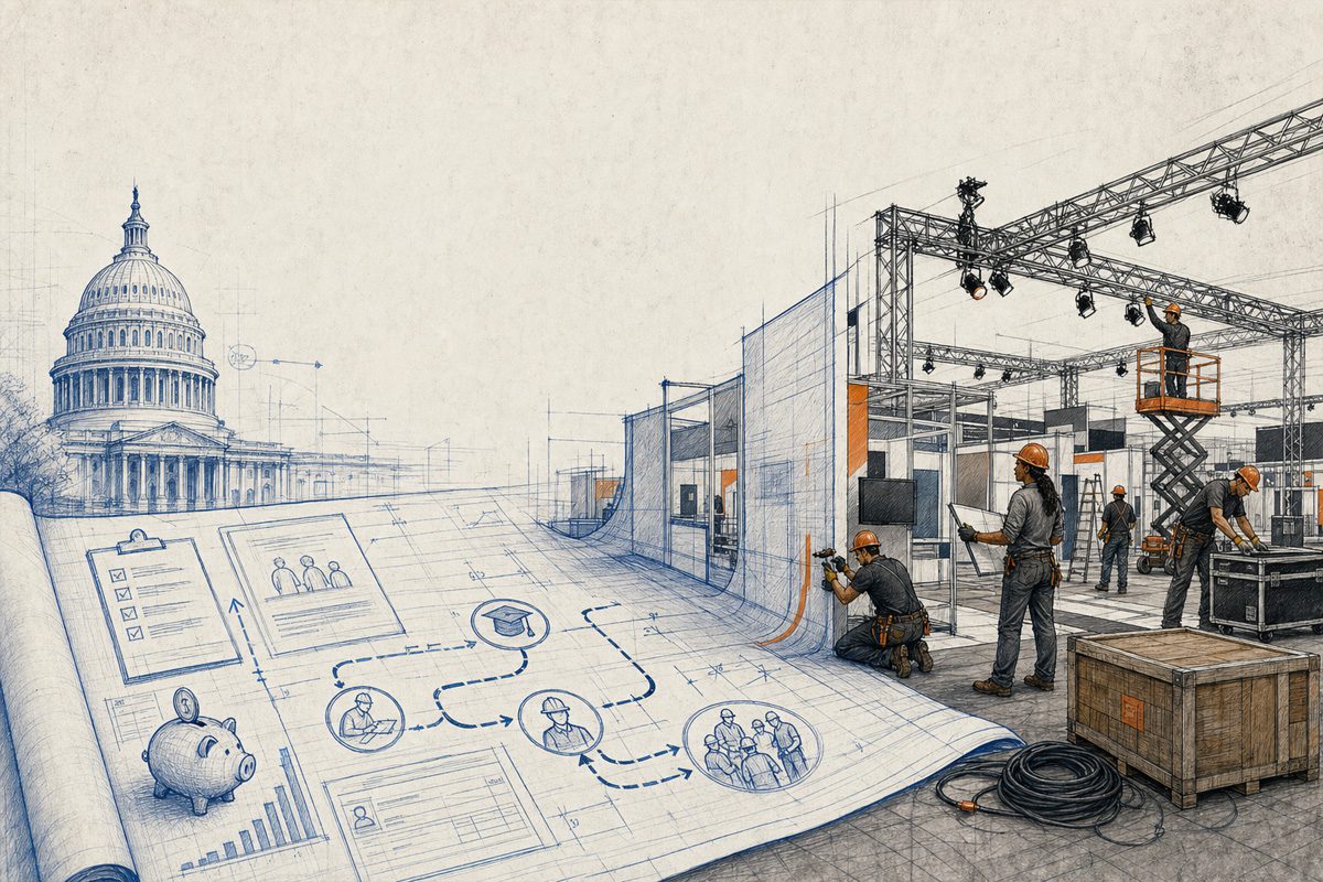 Illustration of the U.S. Capitol, workforce plans, and tradeshow workers building an exhibit.