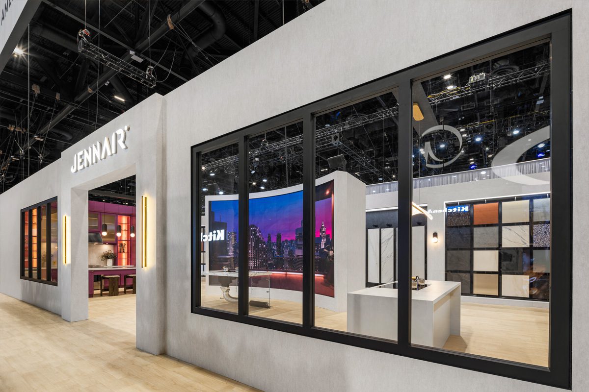 JennAir section of the Whirlpool KBIS 2026 exhibit with architectural framing and appliance displays.