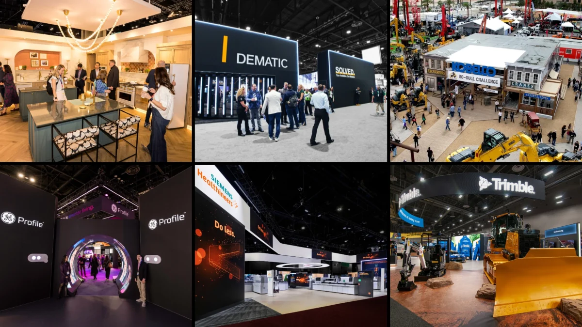 Composite of finalists for the 2026 ExSys Awards Best Large Rental Exhibit category