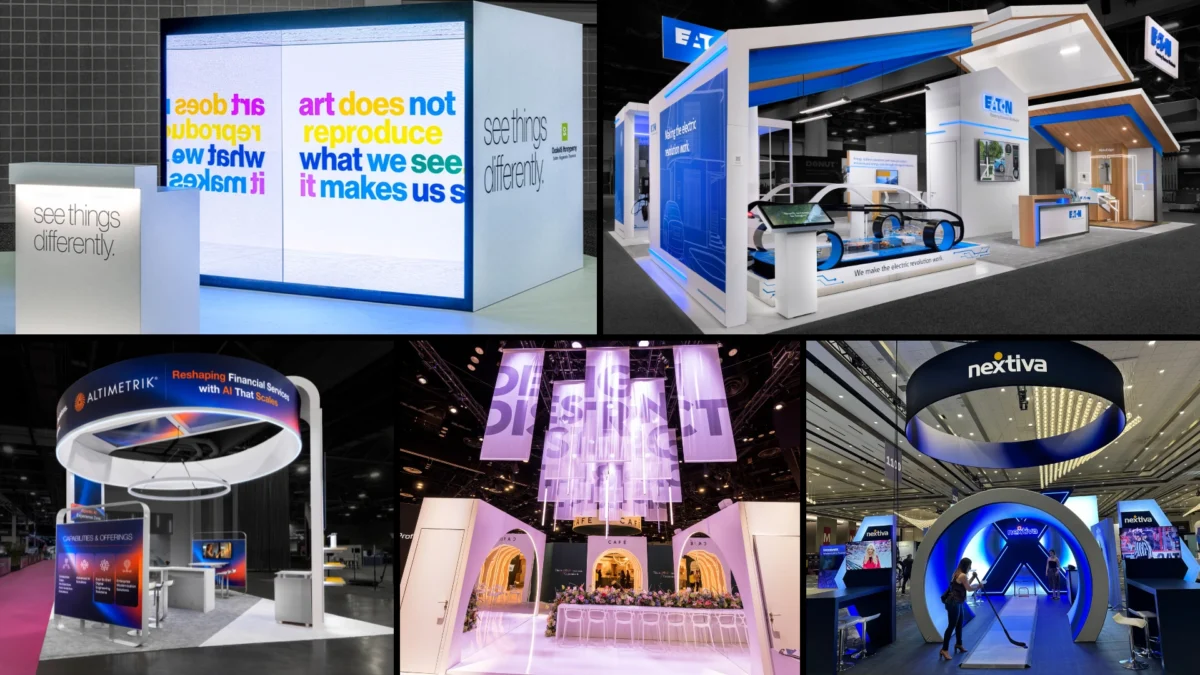 Composite of finalists for the 2026 ExSys Awards Best Small Rental Exhibit category