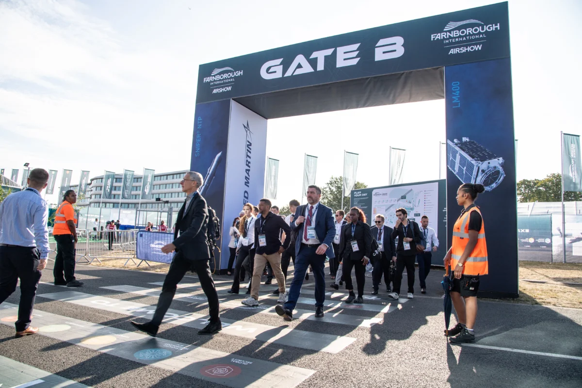 Trade visitors enter Farnborough International Airshow 2026 through Gate B