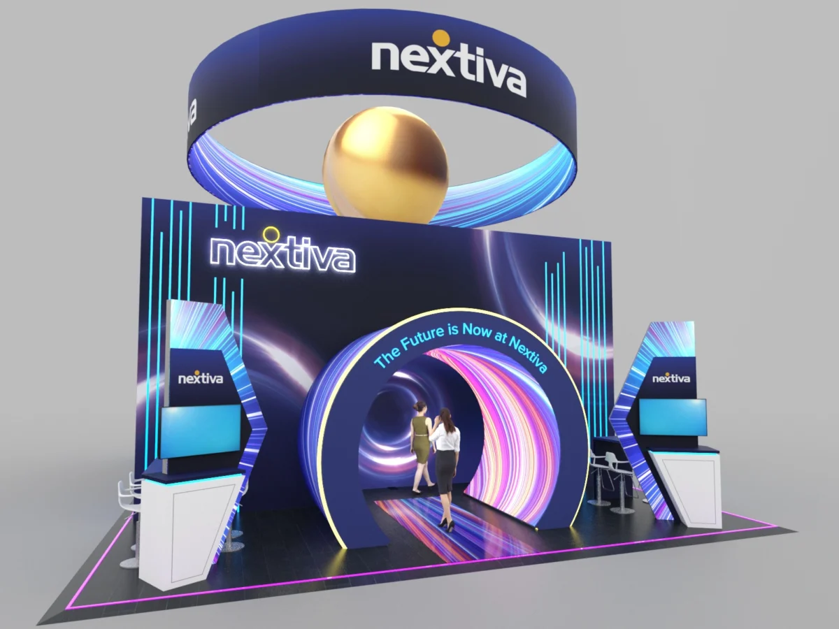 Nextiva design proposal with a circular tunnel, suspended ring sign, digital displays, and illuminated graphics