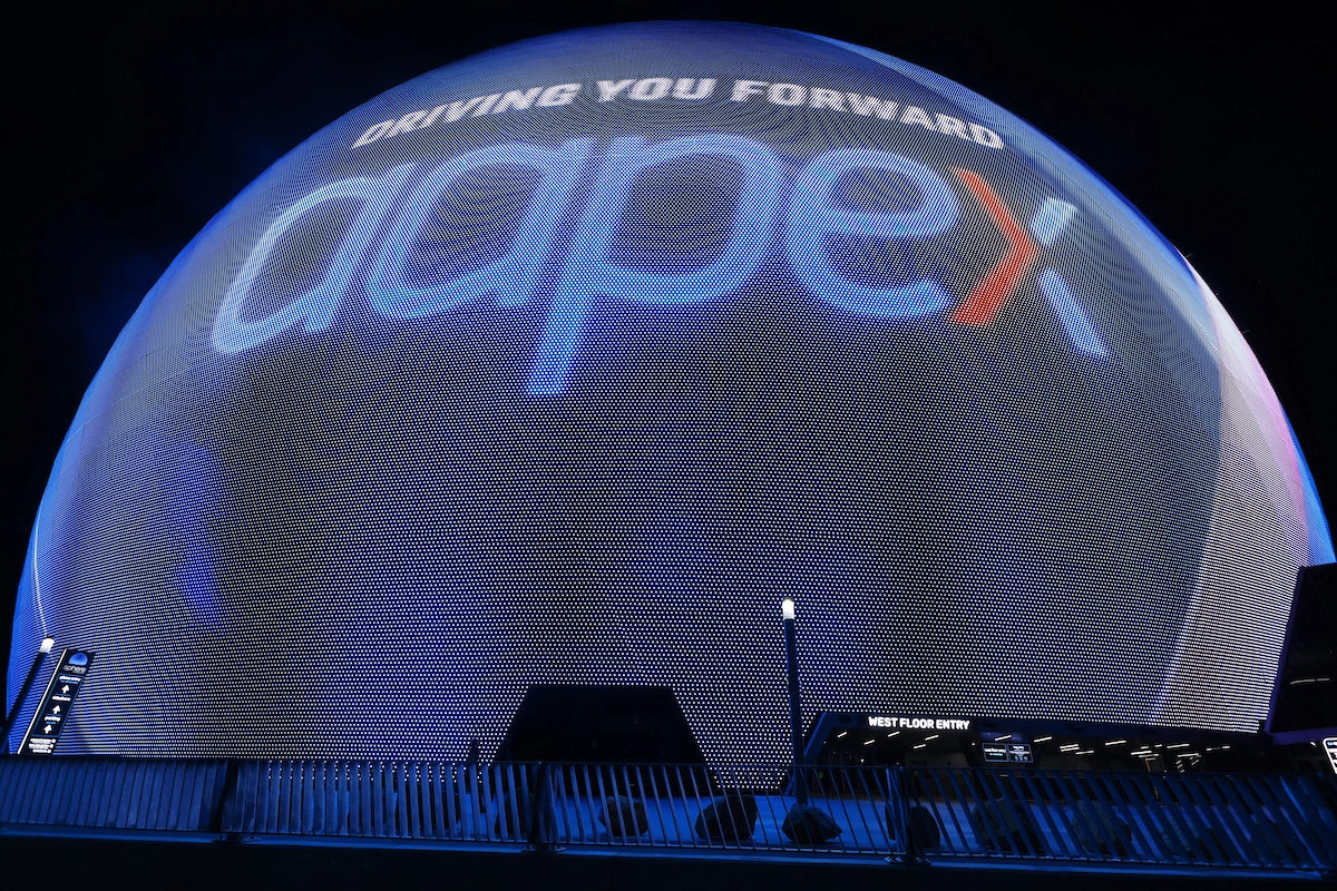 AAPEX branding displayed across the Sphere in Las Vegas
