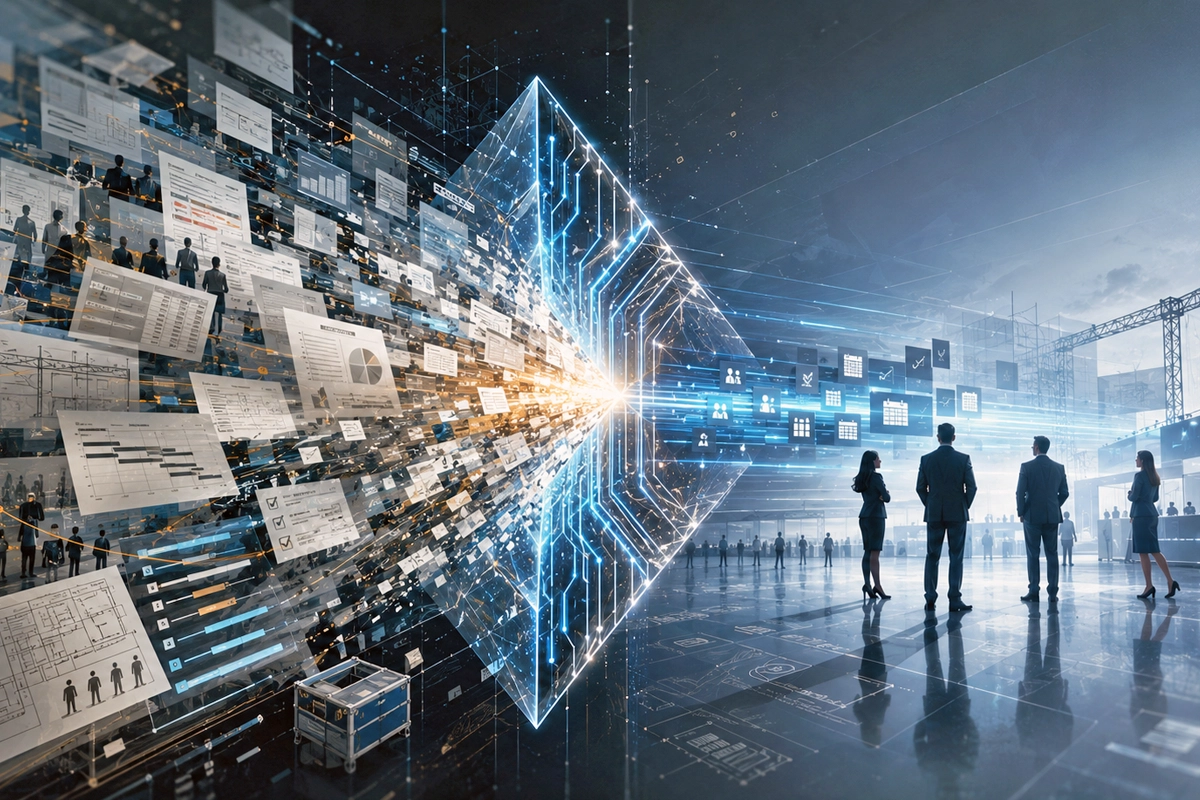 AI operating model illustration with event documents, data, and tradeshow floor planning