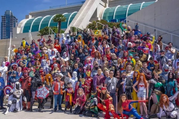 Large group of cosplayers gathered outside the San Diego Convention Center during Comic-Con