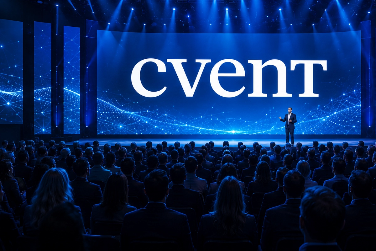 Cvent event technology presentation with audience and digital stage screens