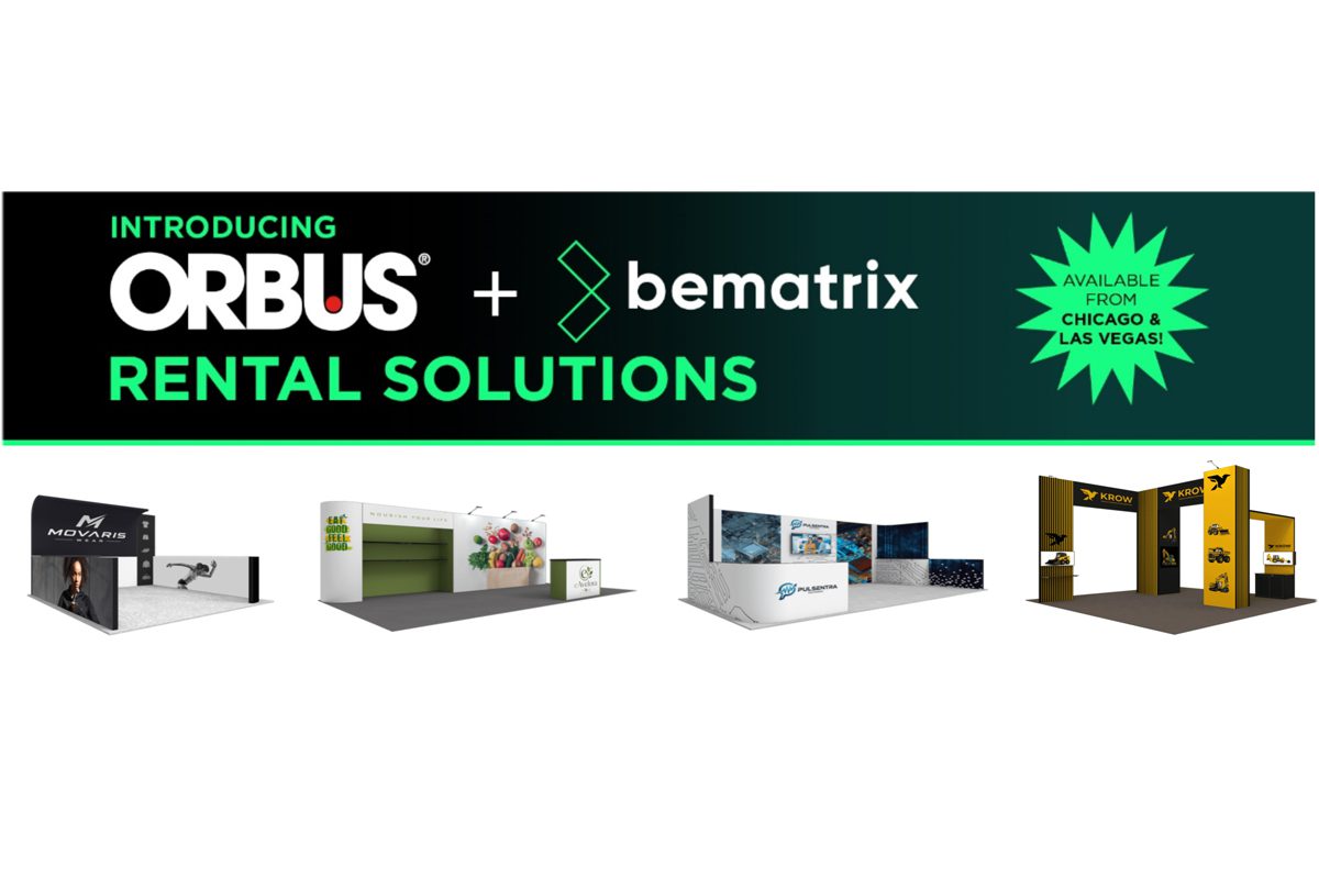 Orbus and bematrix rental solutions graphic with modular exhibit renderings.