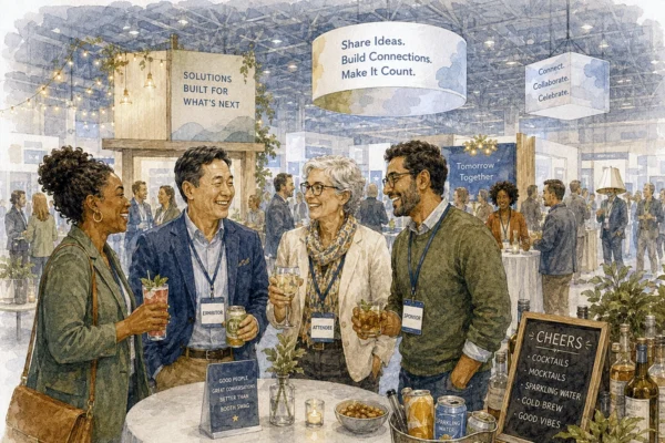 Illustration of veteran and next-generation exhibit professionals on a showfloor