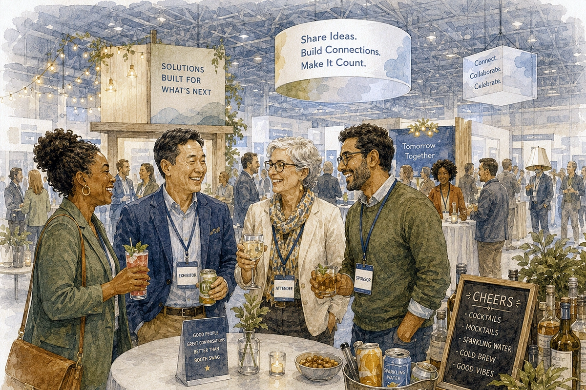 Illustration of veteran and next-generation exhibit professionals on a showfloor