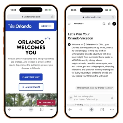 Visit Orlando AI trip planner shown on two smartphone screens.