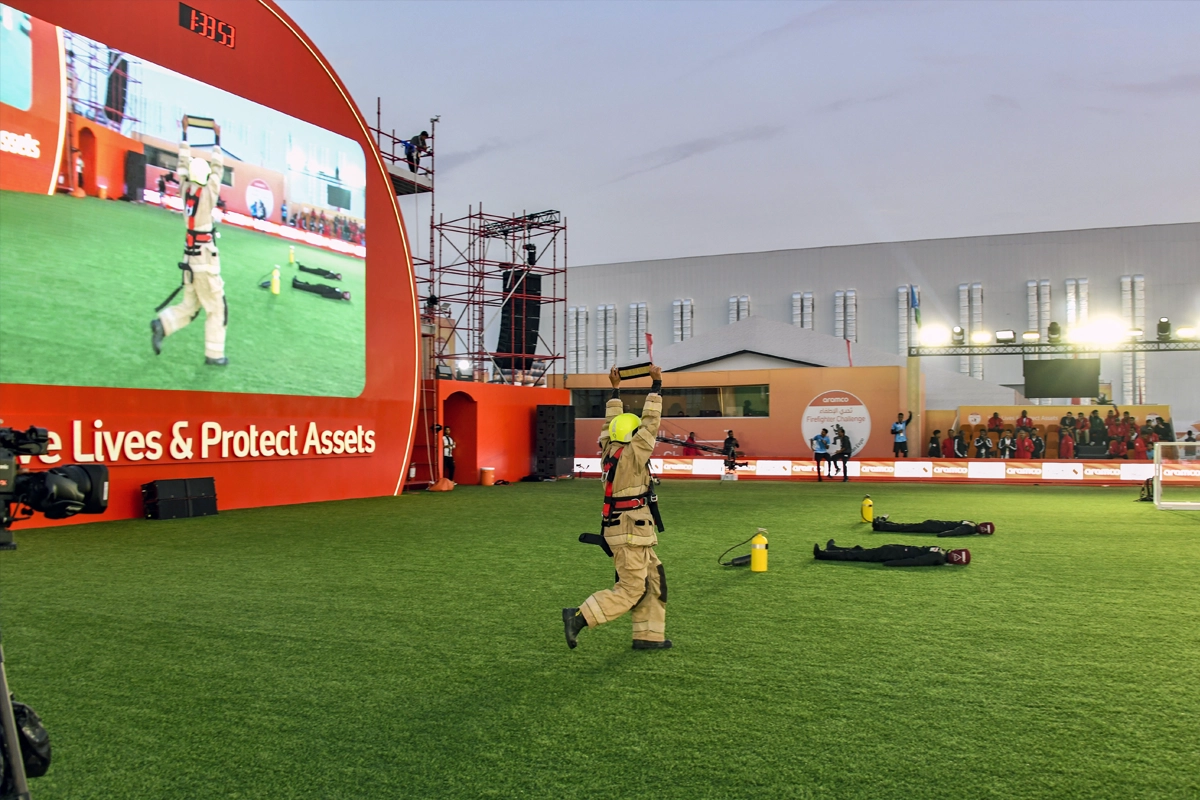 Firefighter competes during the World Firefighters Games in Saudi Arabia