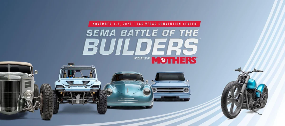 SEMA Battle of the Builders 2026 graphic featuring custom vehicles and a motorcycle