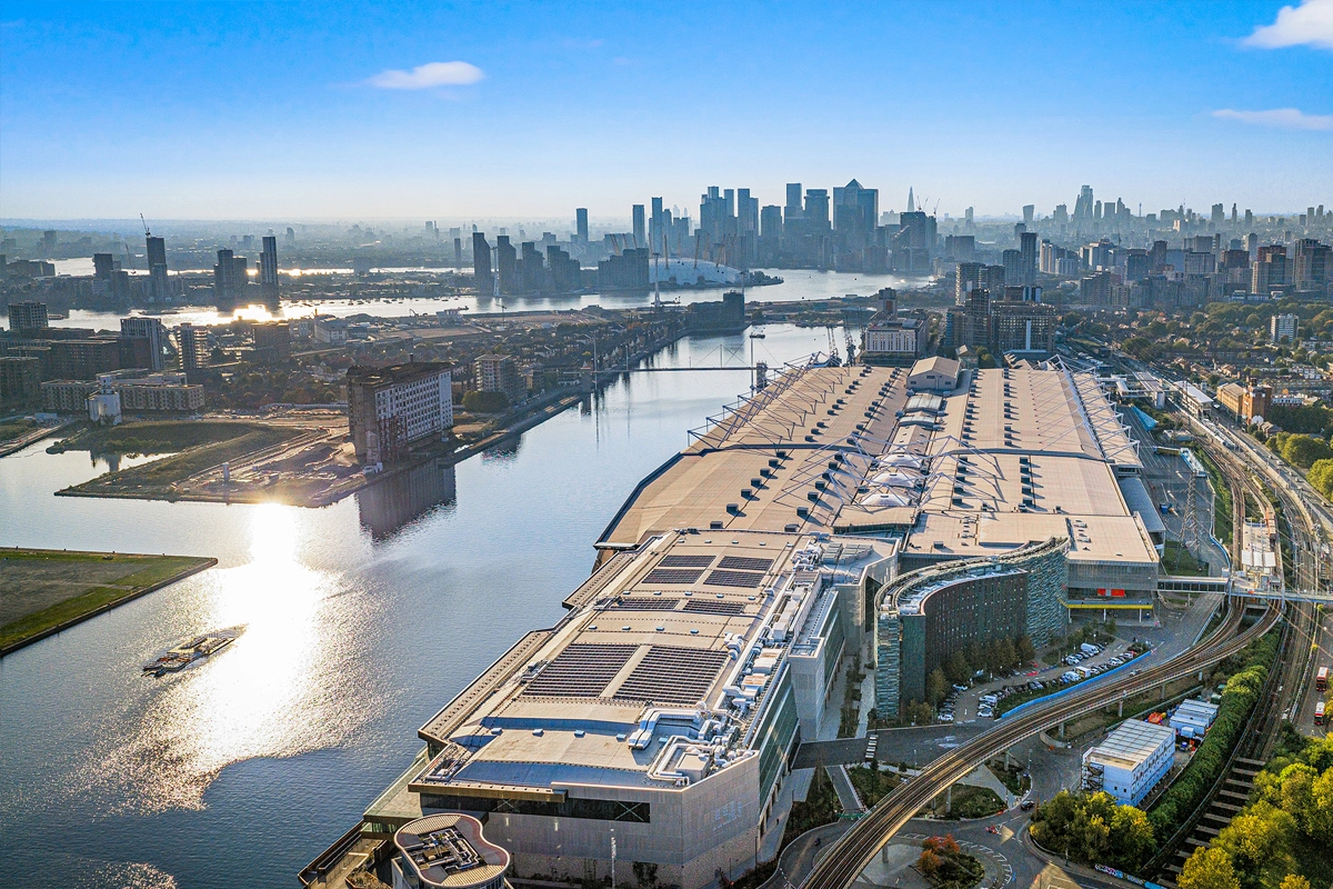 Aerial view of Excel London and the surrounding Royal Docks